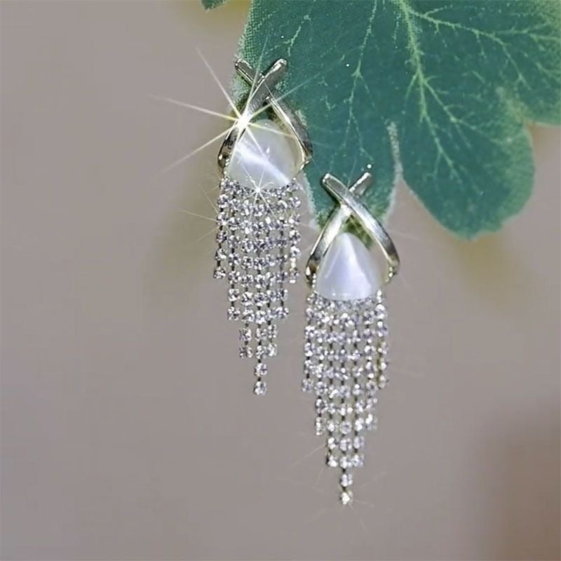 s925 silver needle cat's eye stone full diamond tassel earrings light luxury high-end new popular niche design earrings