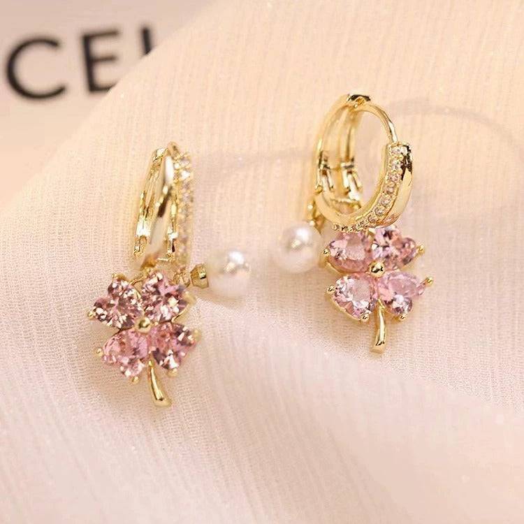 Fashion Earrings with Crystal, Four Leaf Clover and Pearls