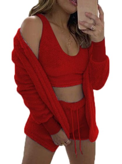 Womens Sexy Fuzzy 3 Piece Outfits Pajamas Loungewear