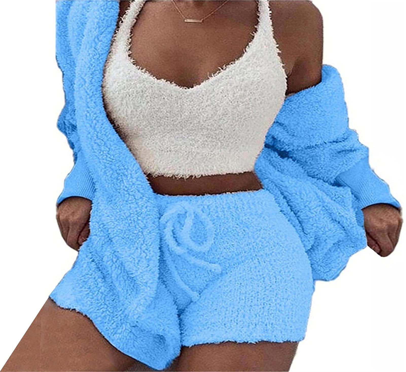 Womens Sexy Fuzzy 3 Piece Outfits Pajamas Loungewear