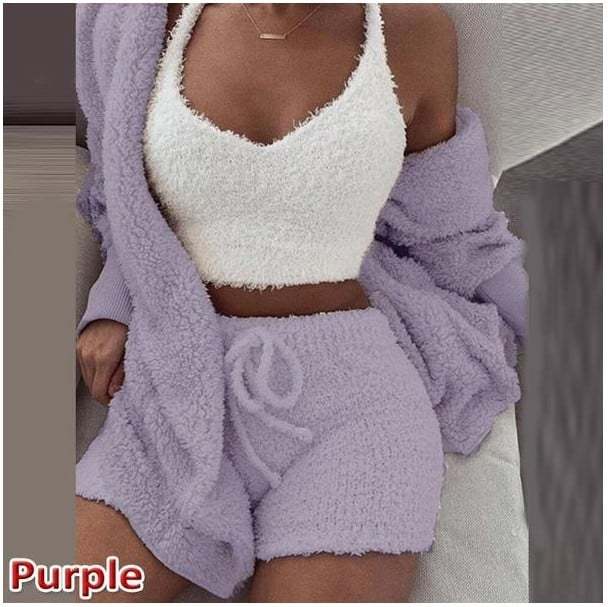 Womens Sexy Fuzzy 3 Piece Outfits Pajamas Loungewear