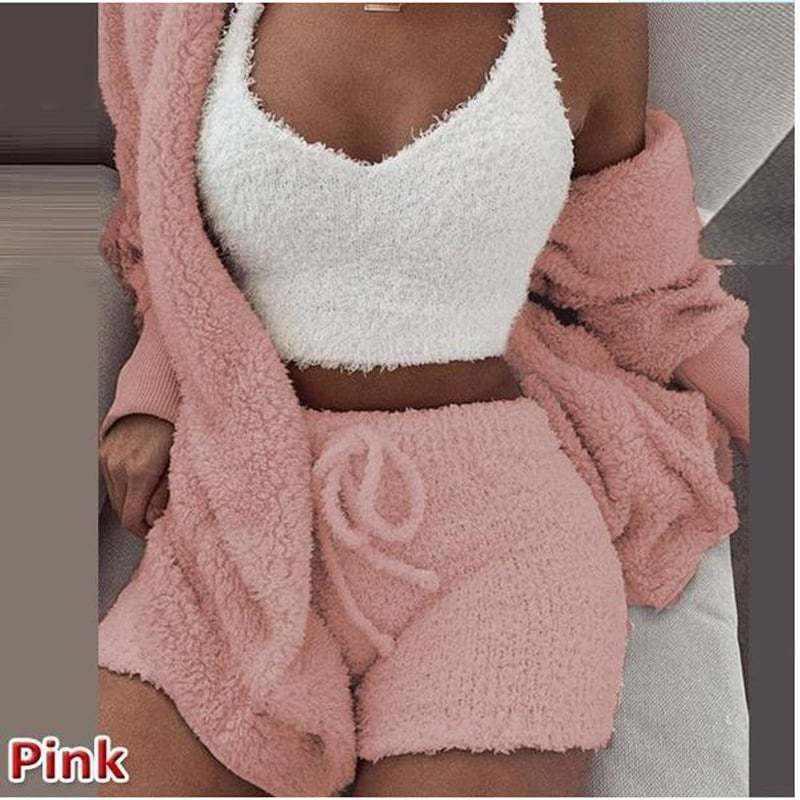 Womens Sexy Fuzzy 3 Piece Outfits Pajamas Loungewear