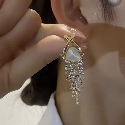 s925 silver needle cat's eye stone full diamond tassel earrings light luxury high-end new popular niche design earrings