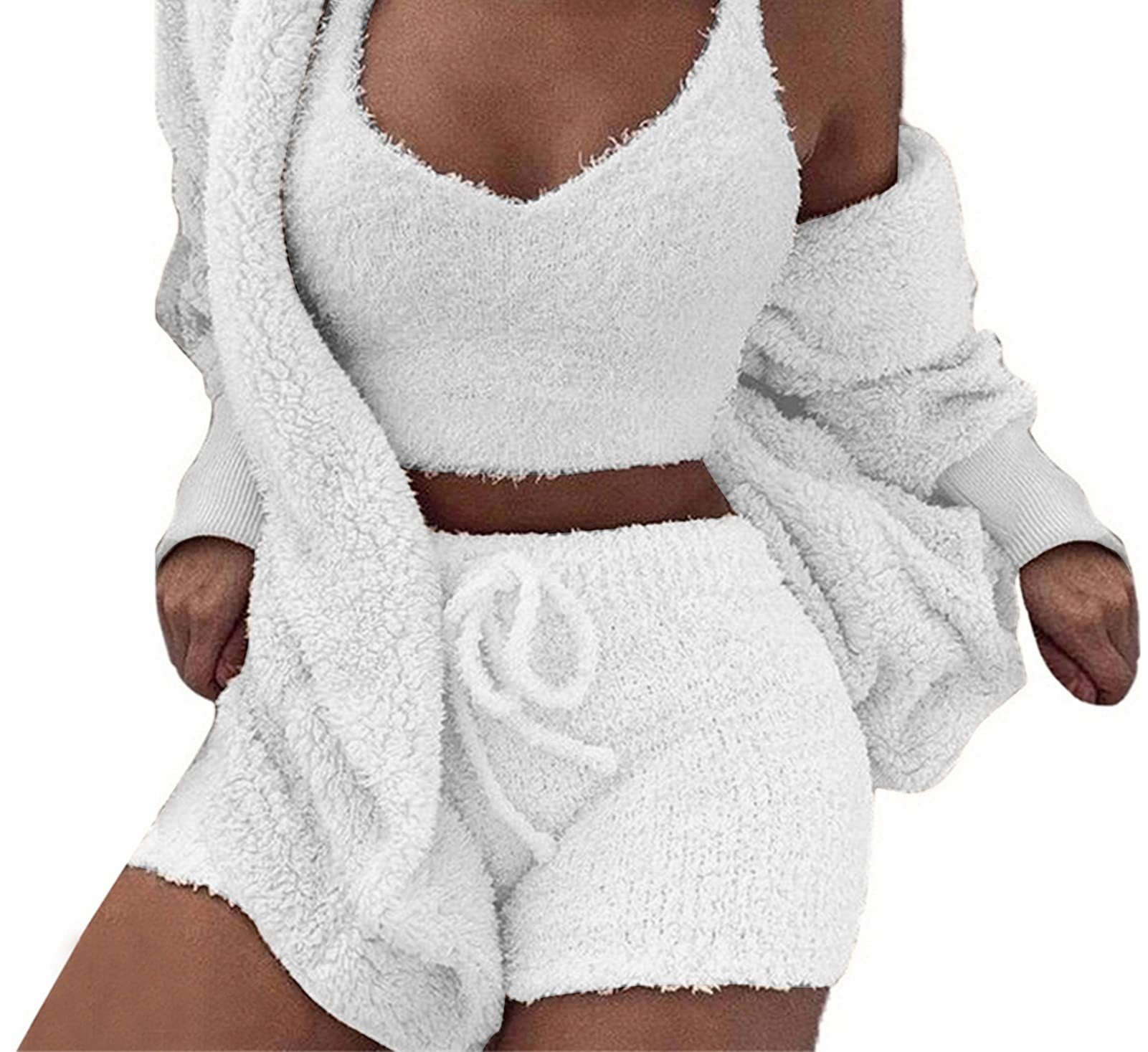 Womens Sexy Fuzzy 3 Piece Outfits Pajamas Loungewear