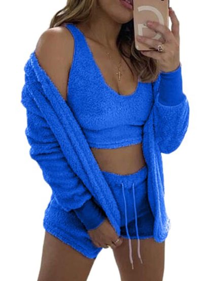 Womens Sexy Fuzzy 3 Piece Outfits Pajamas Loungewear