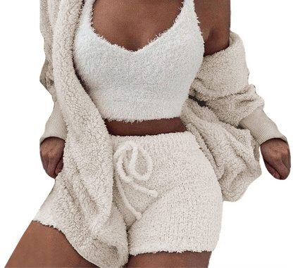 Womens Sexy Fuzzy 3 Piece Outfits Pajamas Loungewear