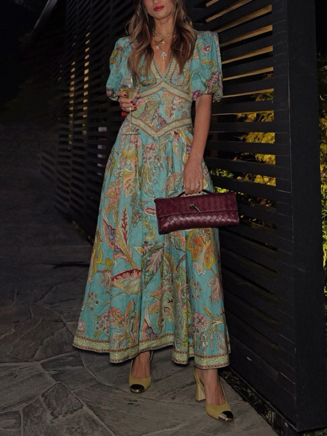 Unique Satin Vintage Floral Print Puff Sleeve Midi Dress