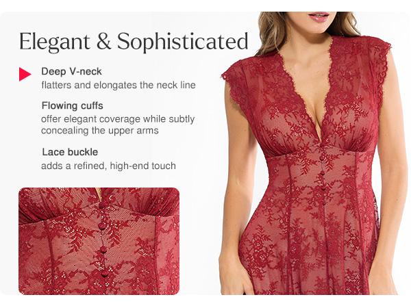 Popilush Shapewear Boho Floral Lace Front Slit Maxi Dress  A-line Silhouette with Smoothing Waist Control & Supportive Bust Design