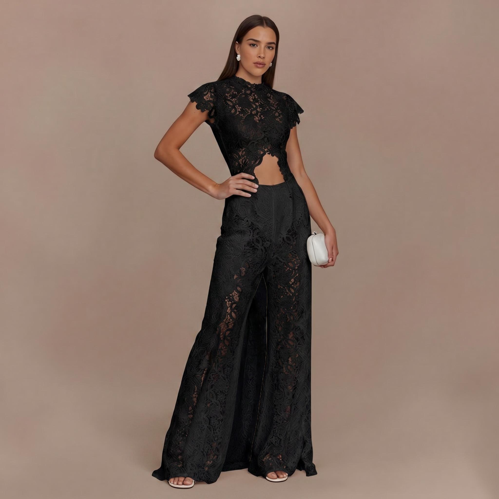 Lace Long-sleeved Top And Wide-leg Pants Set