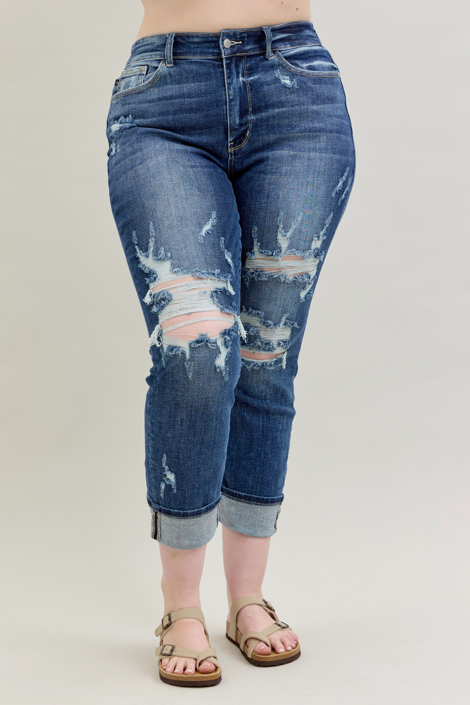 Mid-Rise Destroyed Cuffed Boyfriend Skinny Jeans