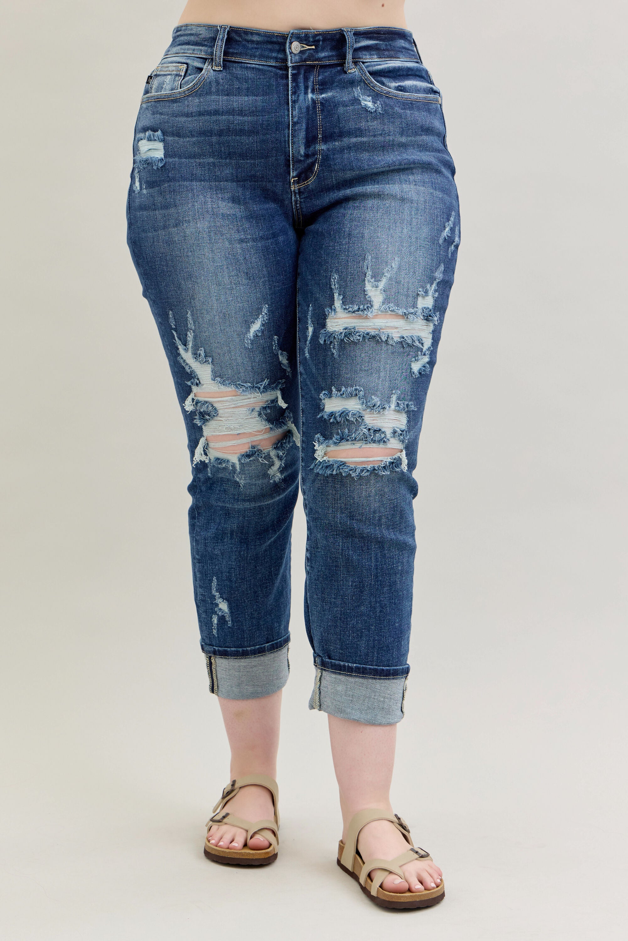 Mid-Rise Destroyed Cuffed Boyfriend Skinny Jeans
