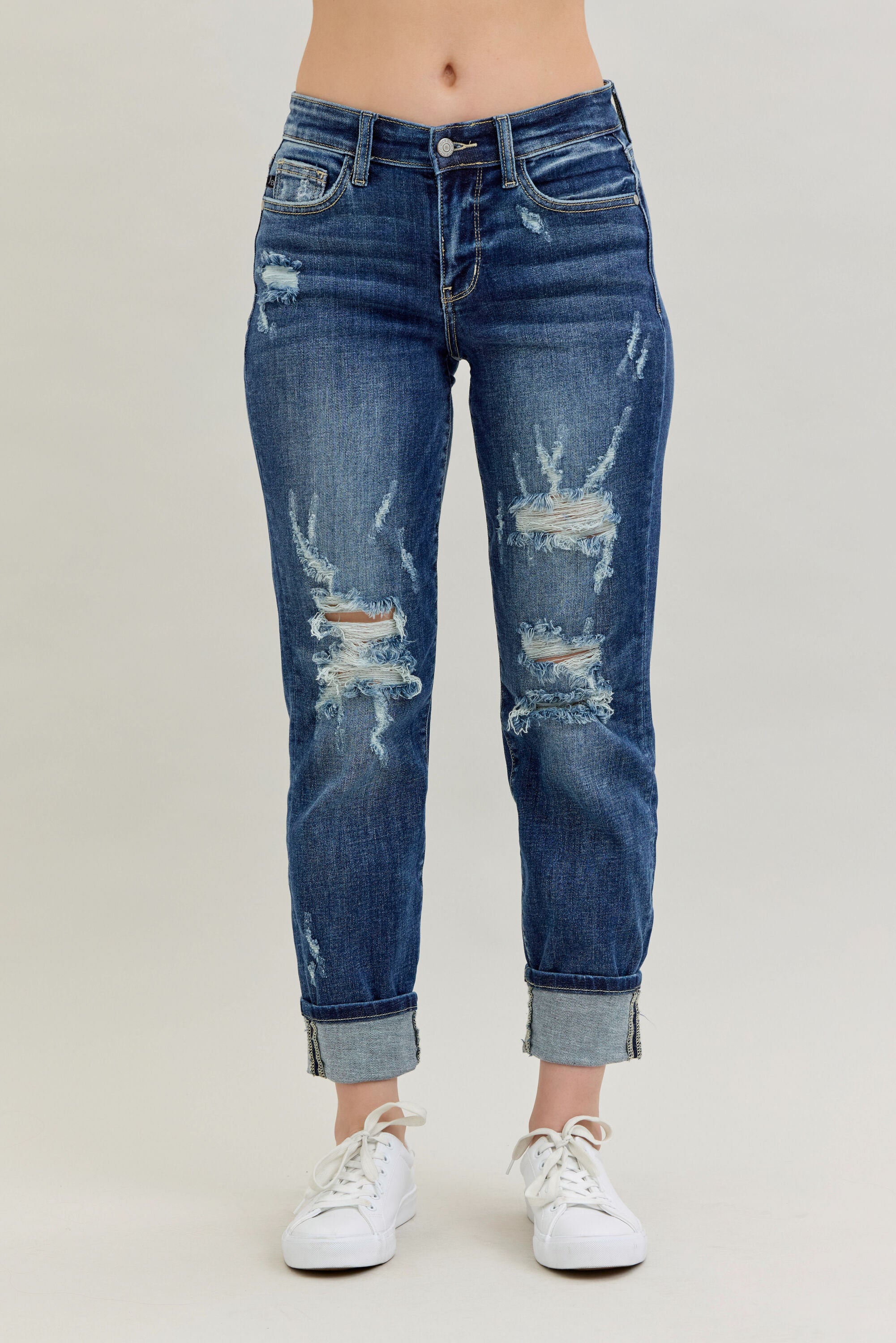 Mid-Rise Destroyed Cuffed Boyfriend Skinny Jeans
