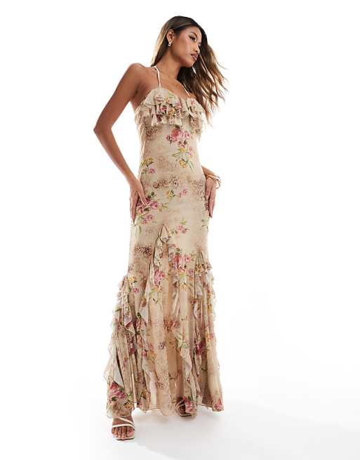 Mesh Detail Animal Print Maxi Dress