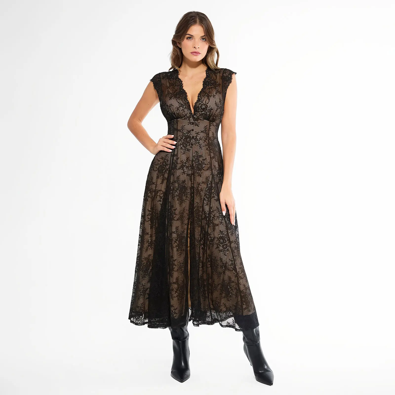 Boho Floral Lace Front Slit Maxi Dress