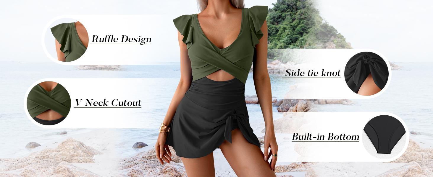 B2LOVER One Piece Swimdress Swimsuit for Women Tummy Control Ruffle Swim Dress Skirt V Neck Cutout Wrap Bathing Suit B2LOVER One Piece Swimdress Swimsuit for Women Tummy Control Ruffle Swim Dress Skirt V Neck Cutout Wrap Bathing Suit