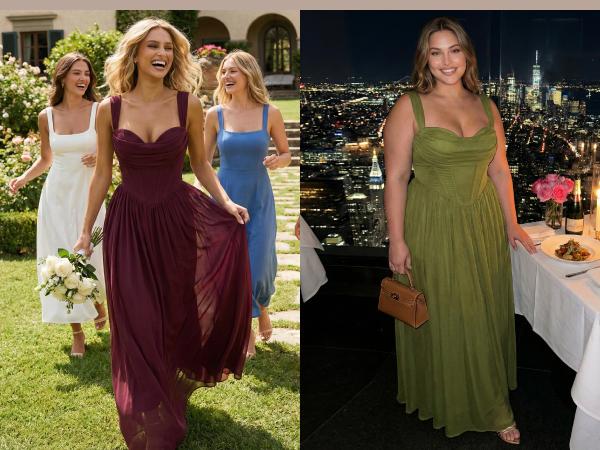 Curvysweet Celeste Women Bodycon Faux-Corset Formal Maxi Dress Built-in Bra Milkmaid Formal Bridesmaid Wedding Guest Dresses