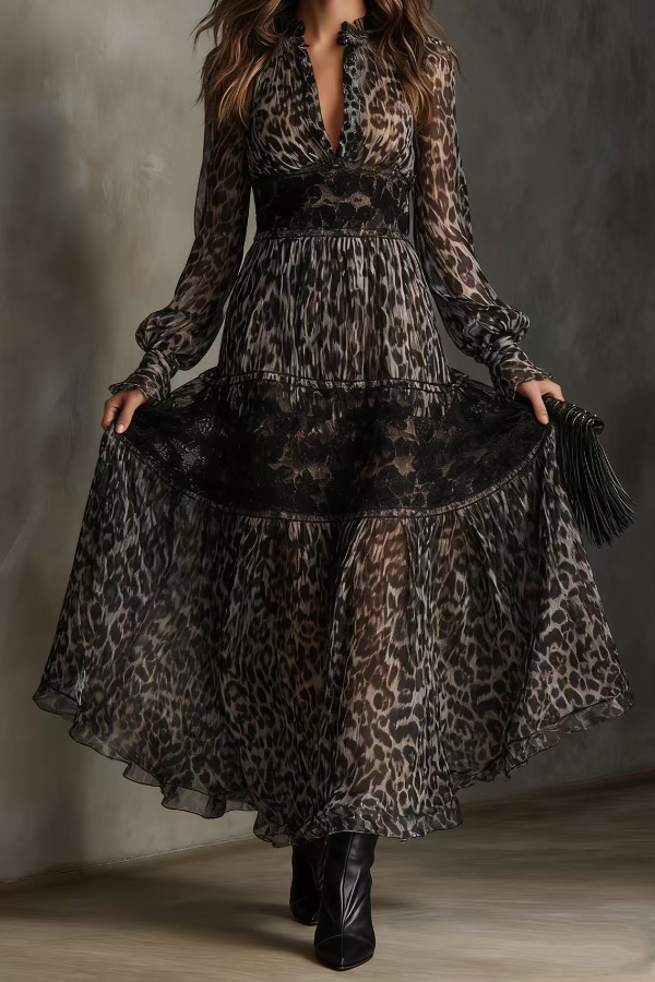 Women's Lace Leopard Print Retro Dress