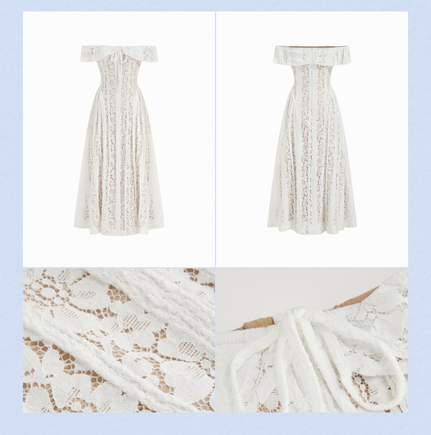 Cider Lace Off-Shoulder Knotted Flared Maxi Dress