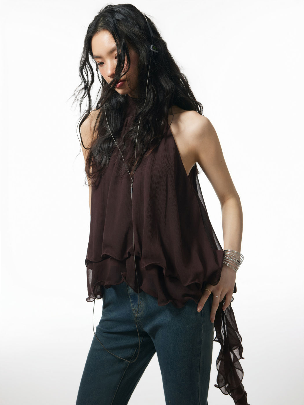 Chiffon Neck Ruffle Top