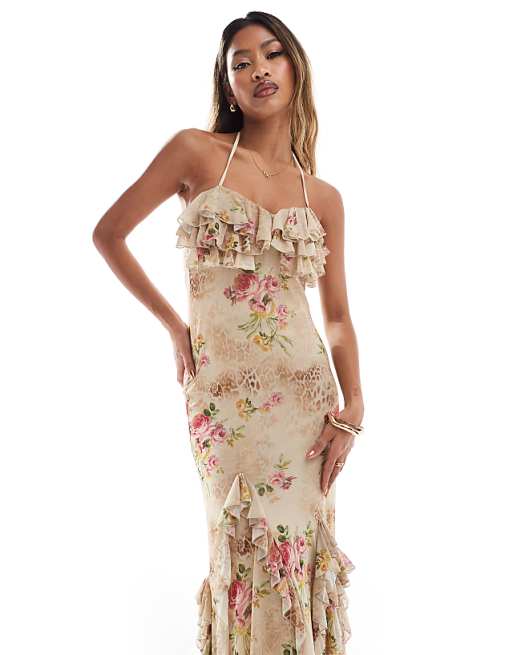 Mesh Detail Animal Print Maxi Dress