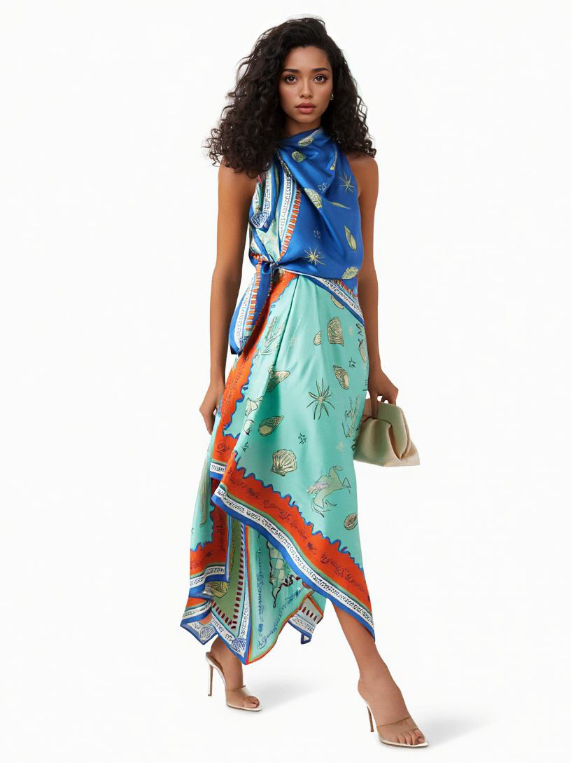 Unique Exquisite Satin Deep Sea Print Scarf Midi Dress