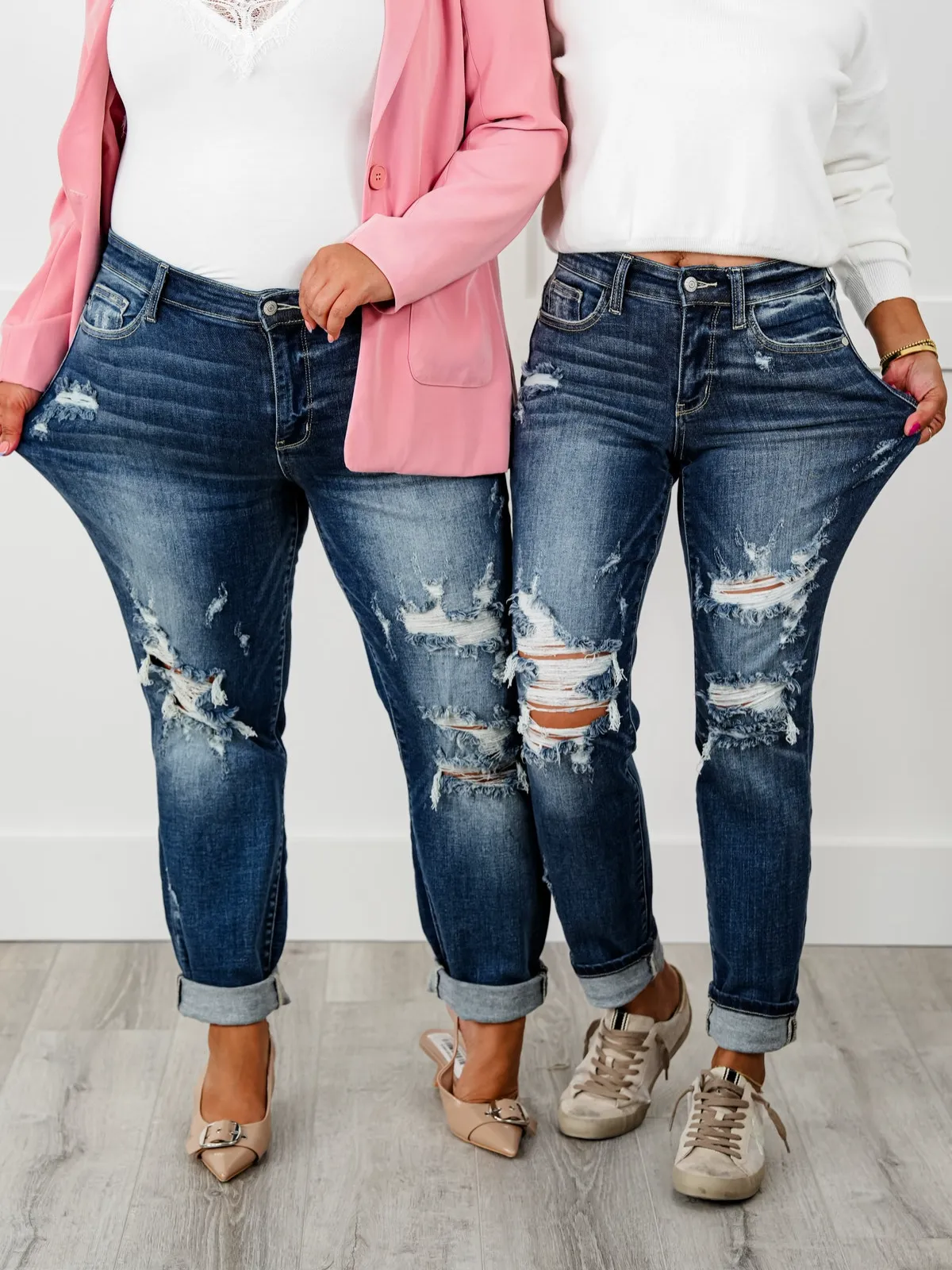 Tummy Control Distressed Cuffed Boyfriend Jeans