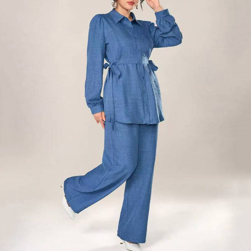 Puff-sleeved, fitted waist tie top + high-waisted wide-leg pants