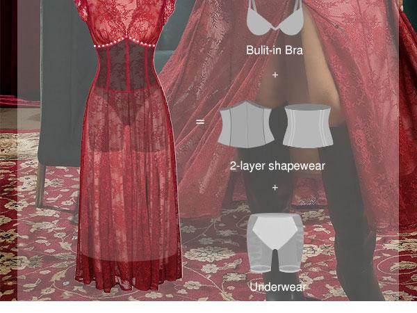 Popilush Shapewear Boho Floral Lace Front Slit Maxi Dress  A-line Silhouette with Smoothing Waist Control & Supportive Bust Design