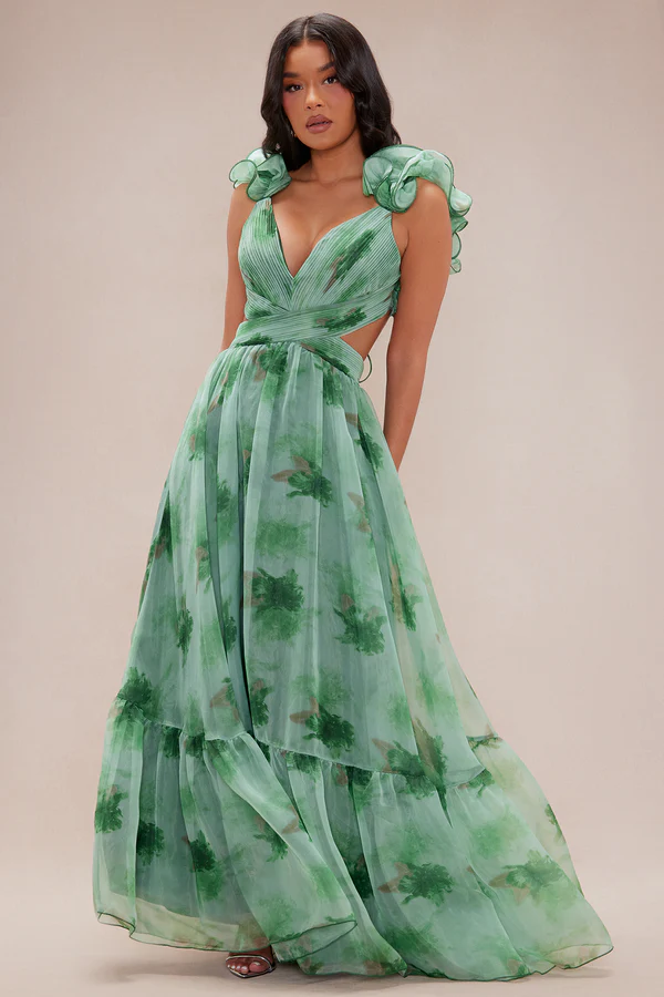 Elegant Print Tiered Ruffle Shoulder Maxi Dress