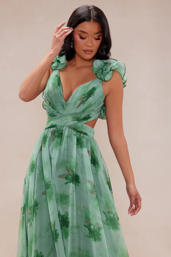 Elegant Print Tiered Ruffle Shoulder Maxi Dress