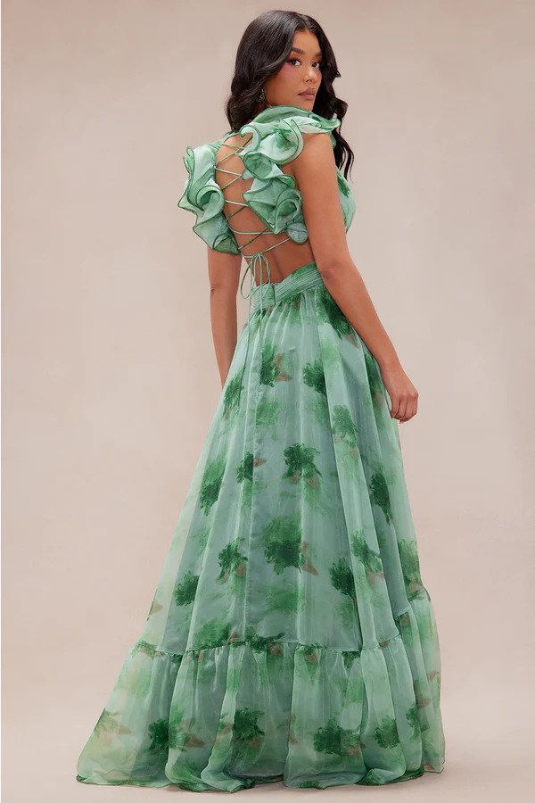 Elegant Print Tiered Ruffle Shoulder Maxi Dress