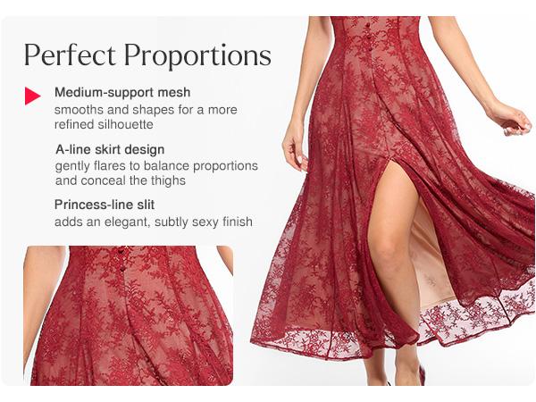 Popilush Shapewear Boho Floral Lace Front Slit Maxi Dress  A-line Silhouette with Smoothing Waist Control & Supportive Bust Design