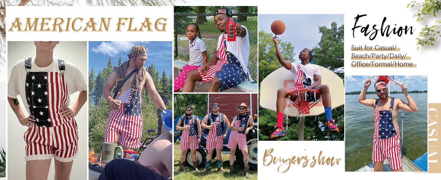 Yuanbang 4th of July American Flag Overalls for Men and Women Unisex USA 250th Anniversary Shorts Stretchy Denim Romper Memorial Day Coveralls Patriotic Gifts Summer Wins Wear Independence Day Jumpsuits Fashion Father's Day BBQ Outdoor Menswear