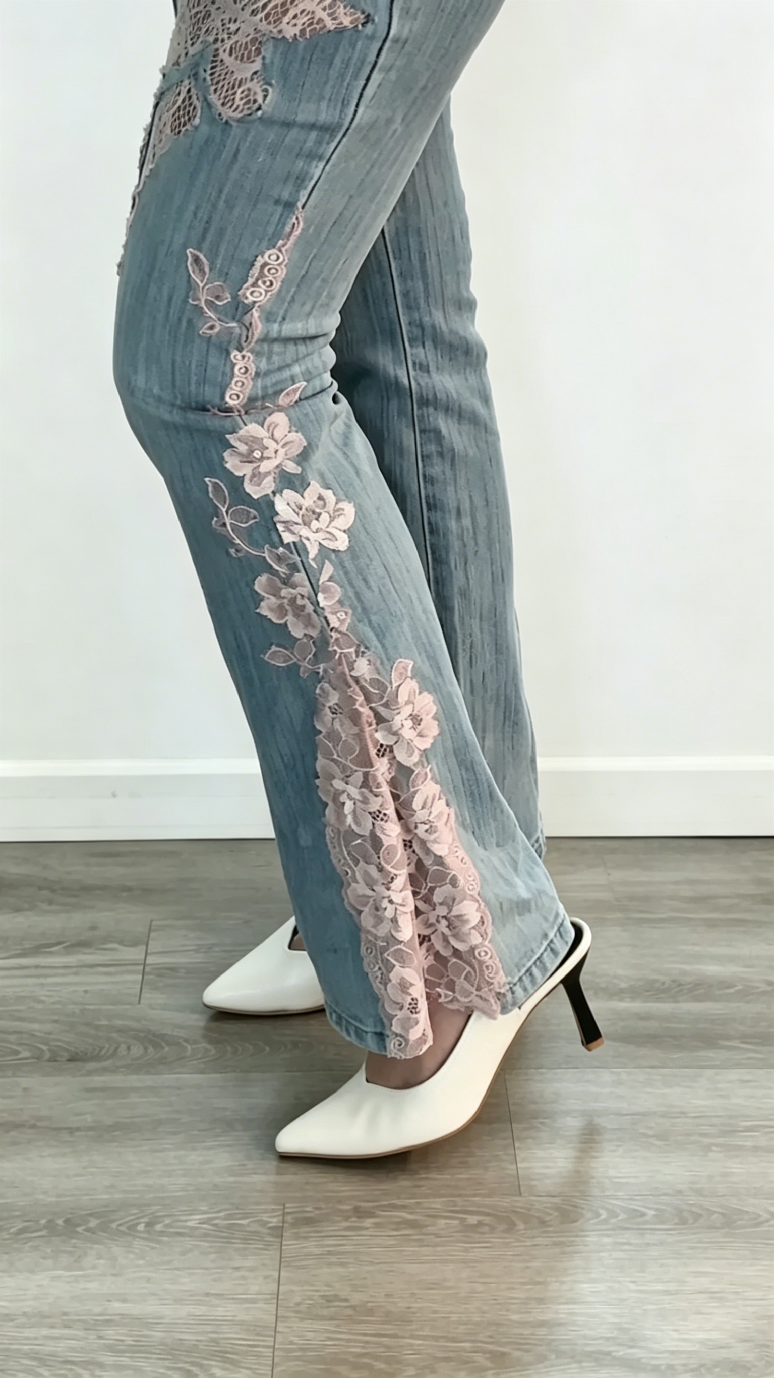 Lace-Inset Flare Jeans