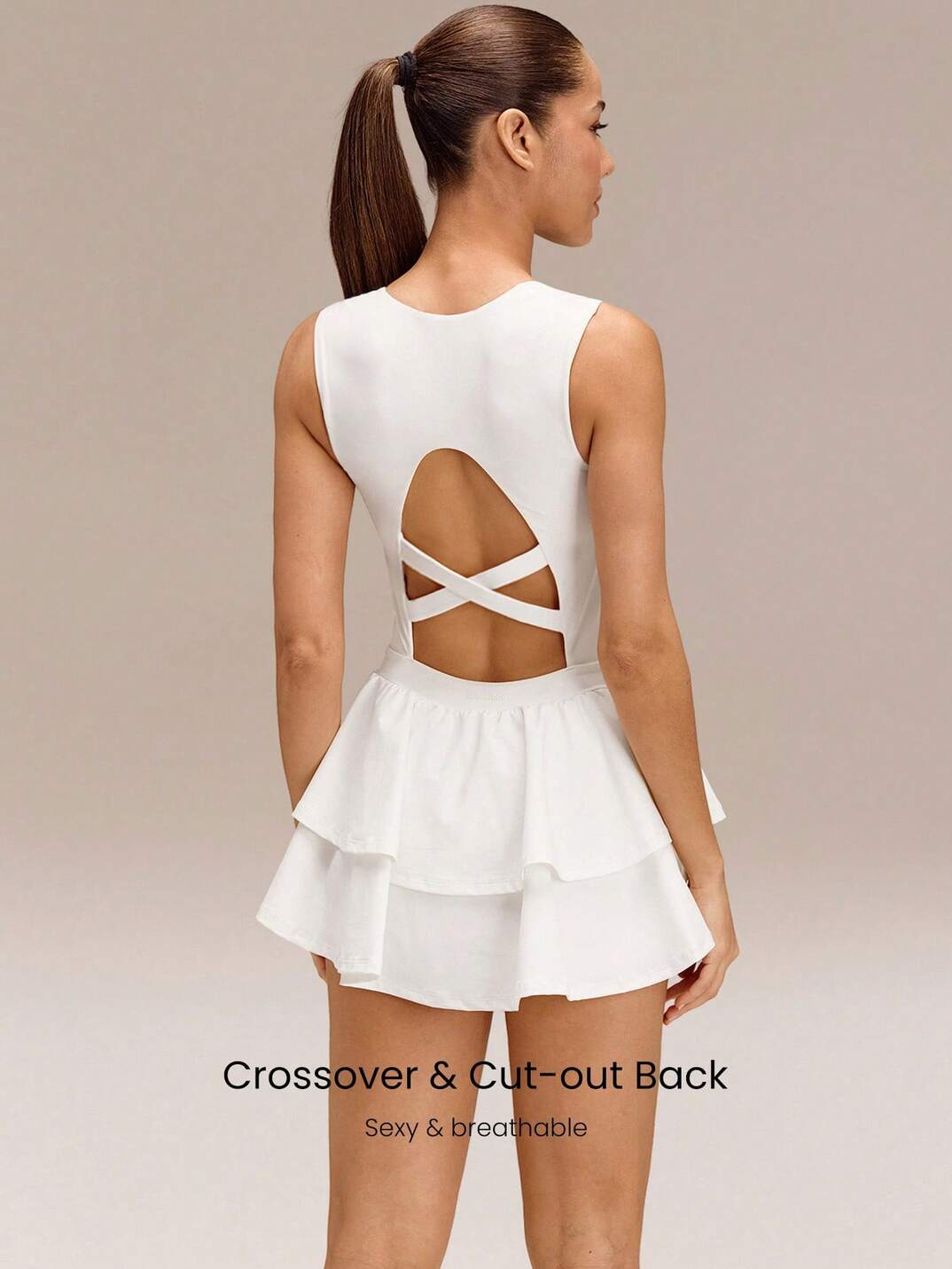 Soft Quick-Dry Removable Cups Built-In Shorts Side Pockets Squareneck Cutout Back Tiered Tennis Dress 