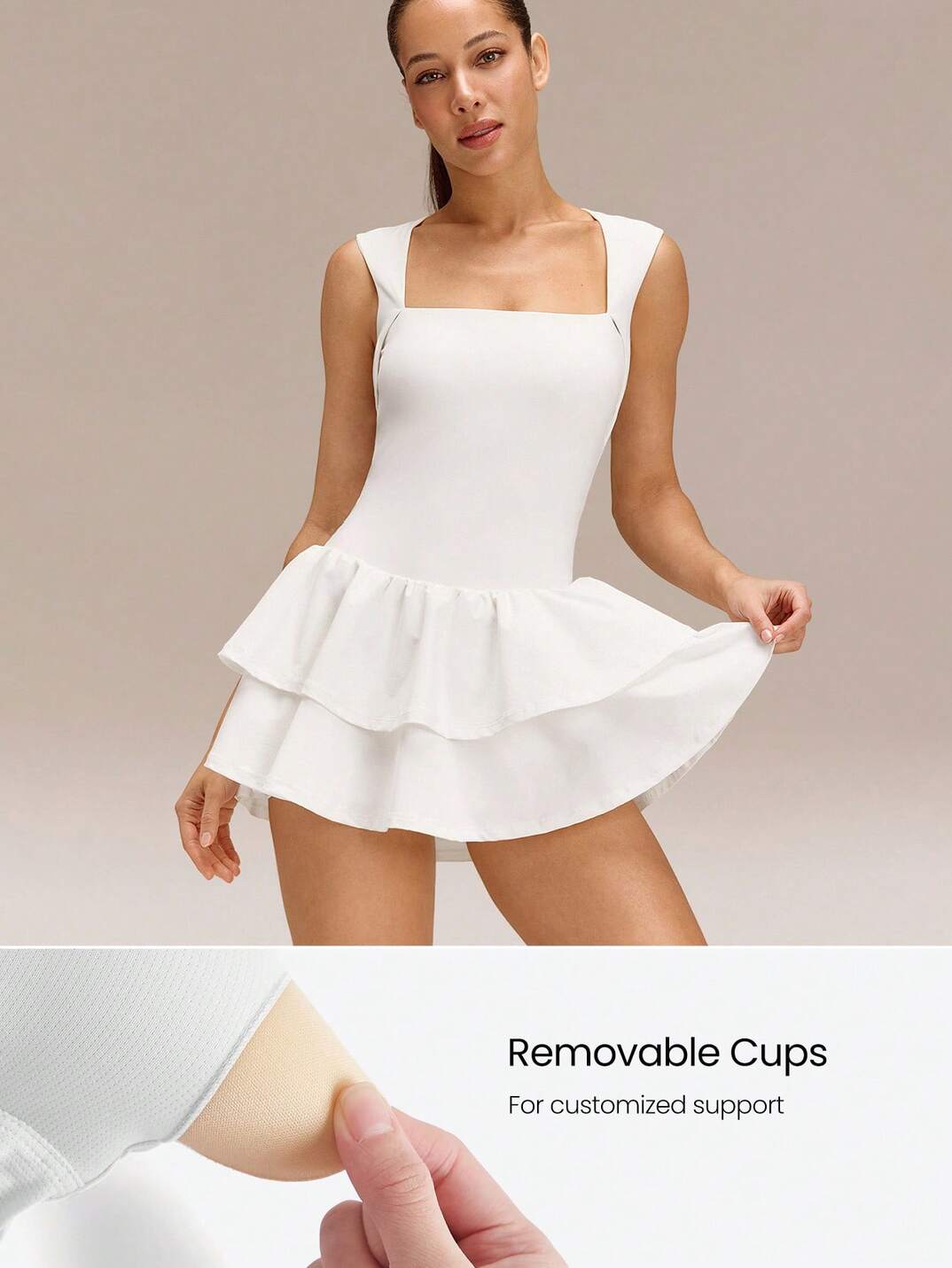 Soft Quick-Dry Removable Cups Built-In Shorts Side Pockets Squareneck Cutout Back Tiered Tennis Dress 