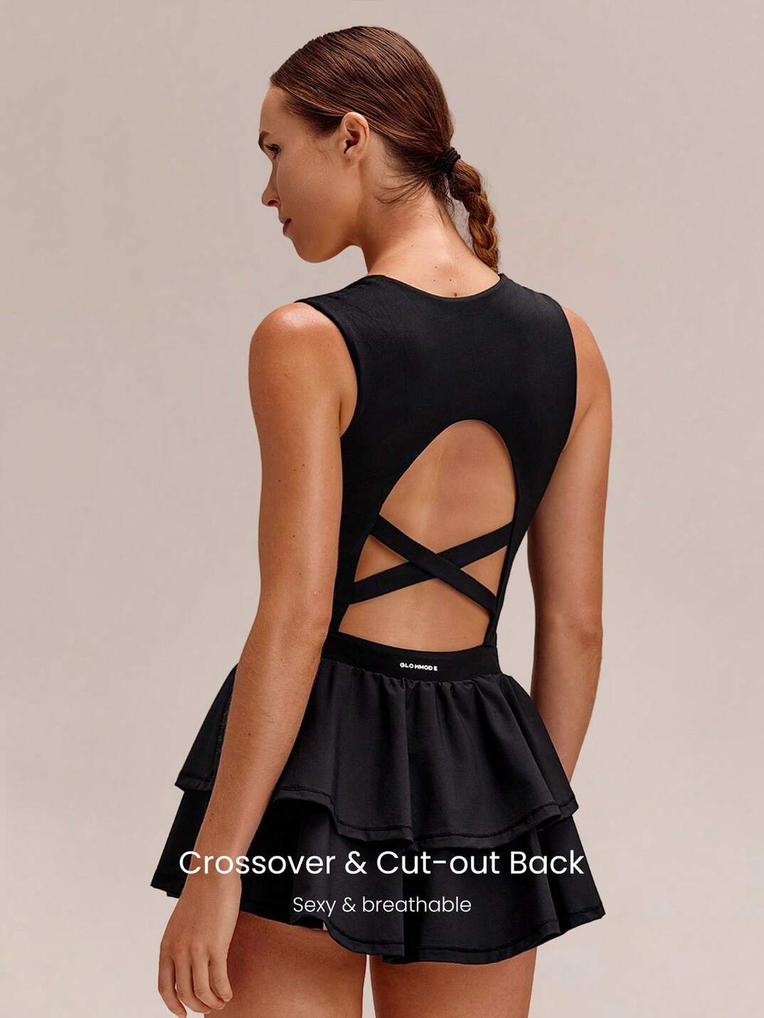 Soft Quick-Dry Removable Cups Built-In Shorts Side Pockets Squareneck Cutout Back Tiered Tennis Dress 