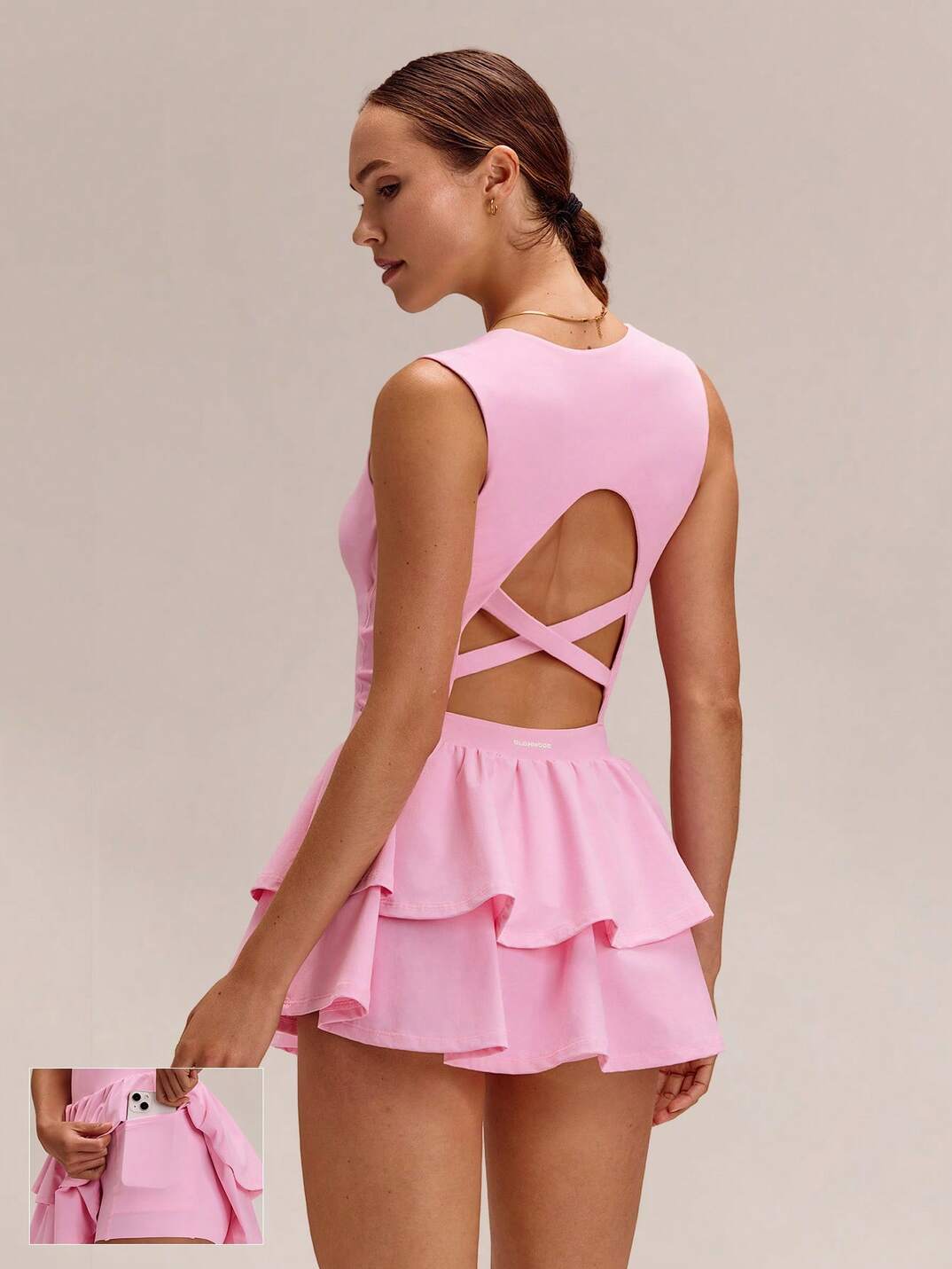 Soft Quick-Dry Removable Cups Built-In Shorts Side Pockets Squareneck Cutout Back Tiered Tennis Dress 