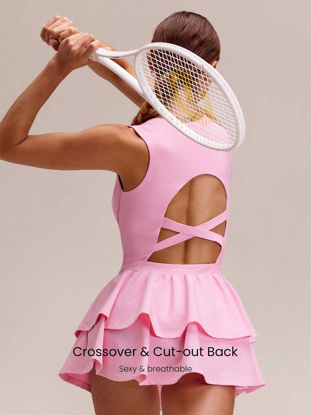 Soft Quick-Dry Removable Cups Built-In Shorts Side Pockets Squareneck Cutout Back Tiered Tennis Dress 