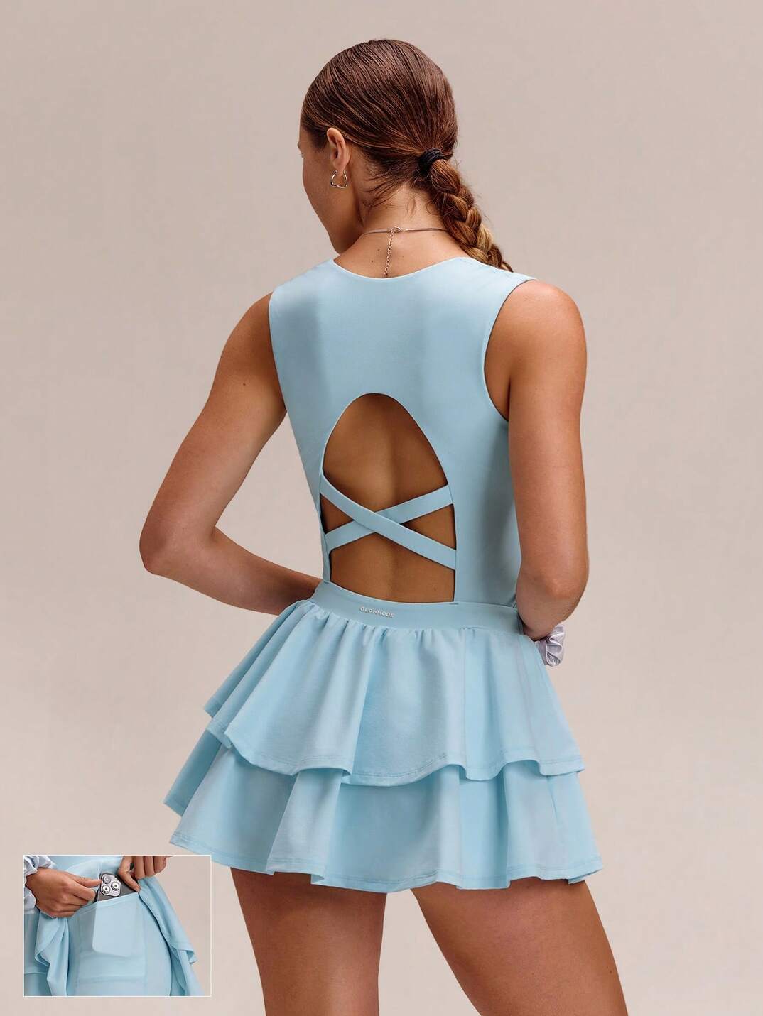 Soft Quick-Dry Removable Cups Built-In Shorts Side Pockets Squareneck Cutout Back Tiered Tennis Dress 