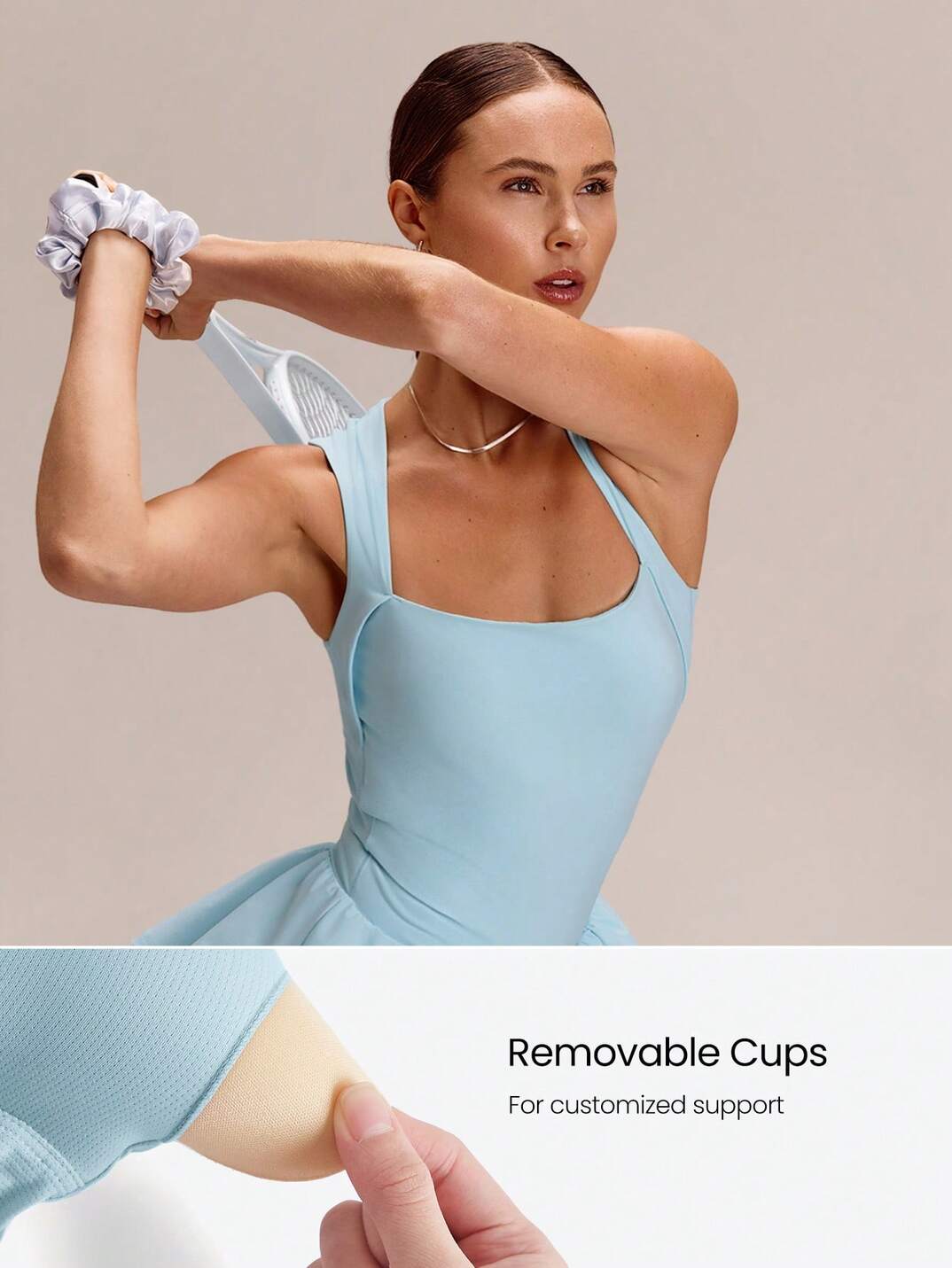 Soft Quick-Dry Removable Cups Built-In Shorts Side Pockets Squareneck Cutout Back Tiered Tennis Dress 