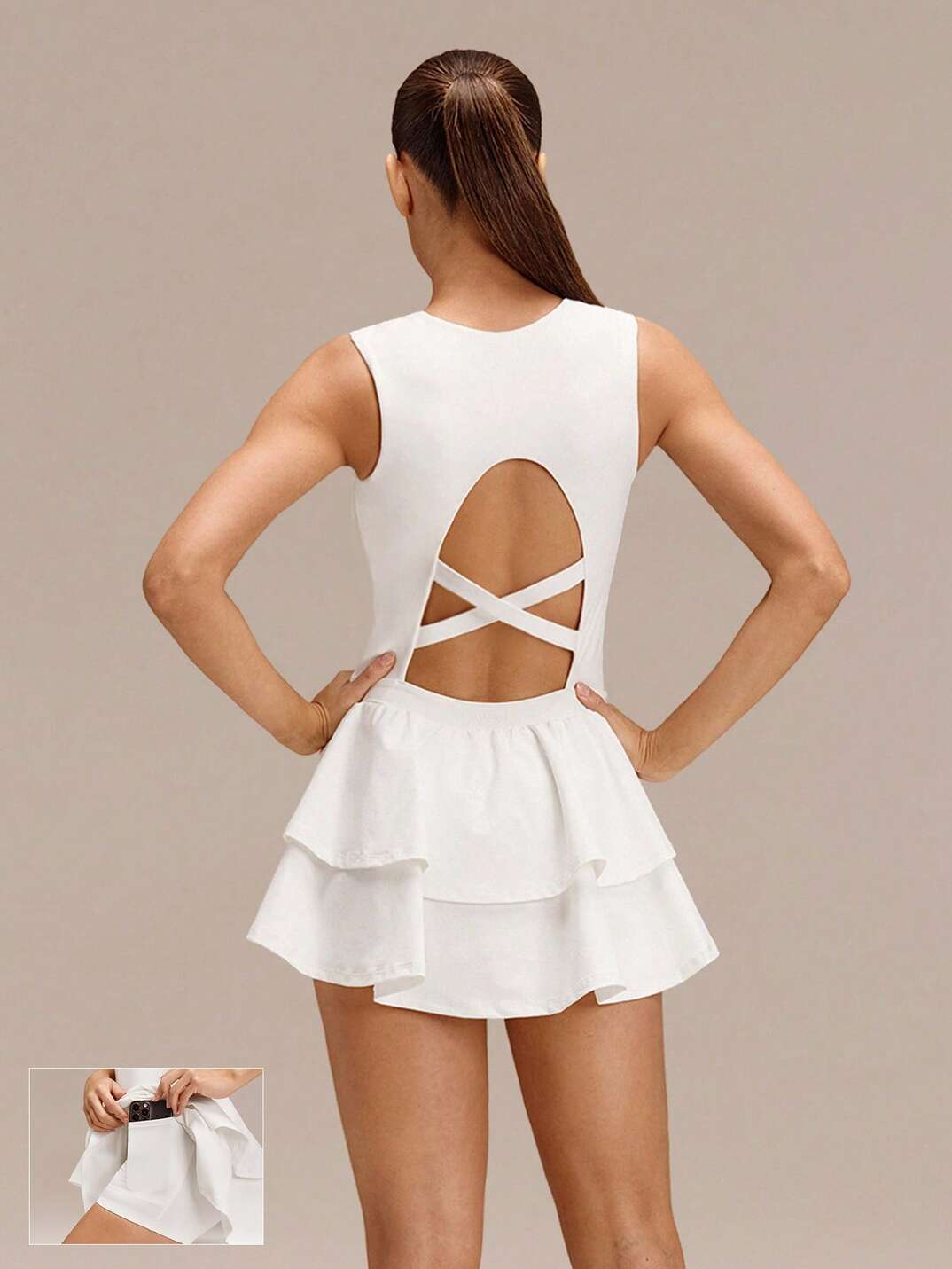 Soft Quick-Dry Removable Cups Built-In Shorts Side Pockets Squareneck Cutout Back Tiered Tennis Dress 