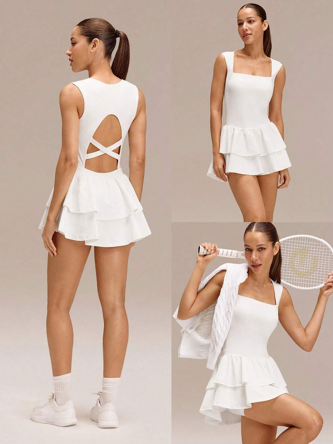 Soft Quick-Dry Removable Cups Built-In Shorts Side Pockets Squareneck Cutout Back Tiered Tennis Dress 