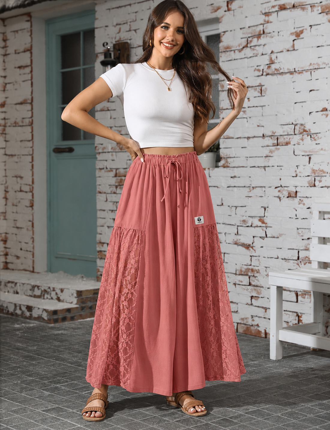 Linen Wide Leg Patchwork Lace Detail Flowy Pant