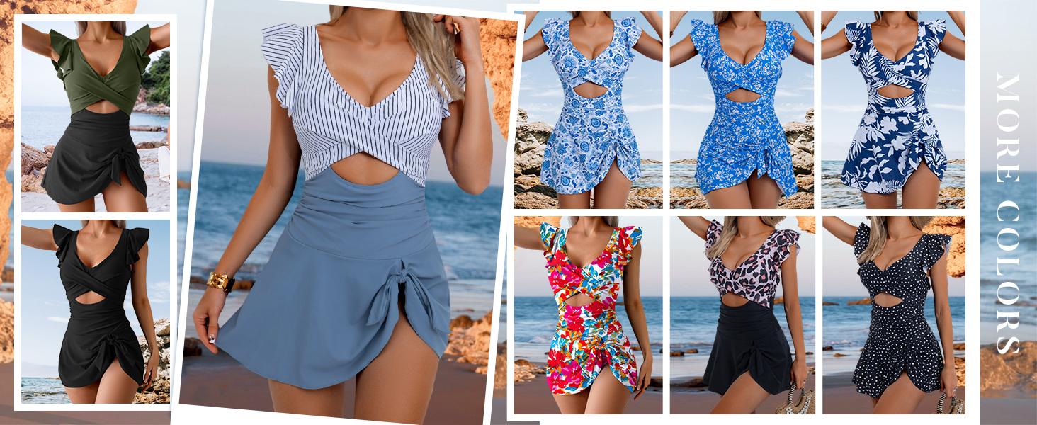 B2LOVER One Piece Swimdress Swimsuit for Women Tummy Control Ruffle Swim Dress Skirt V Neck Cutout Wrap Bathing Suit B2LOVER One Piece Swimdress Swimsuit for Women Tummy Control Ruffle Swim Dress Skirt V Neck Cutout Wrap Bathing Suit