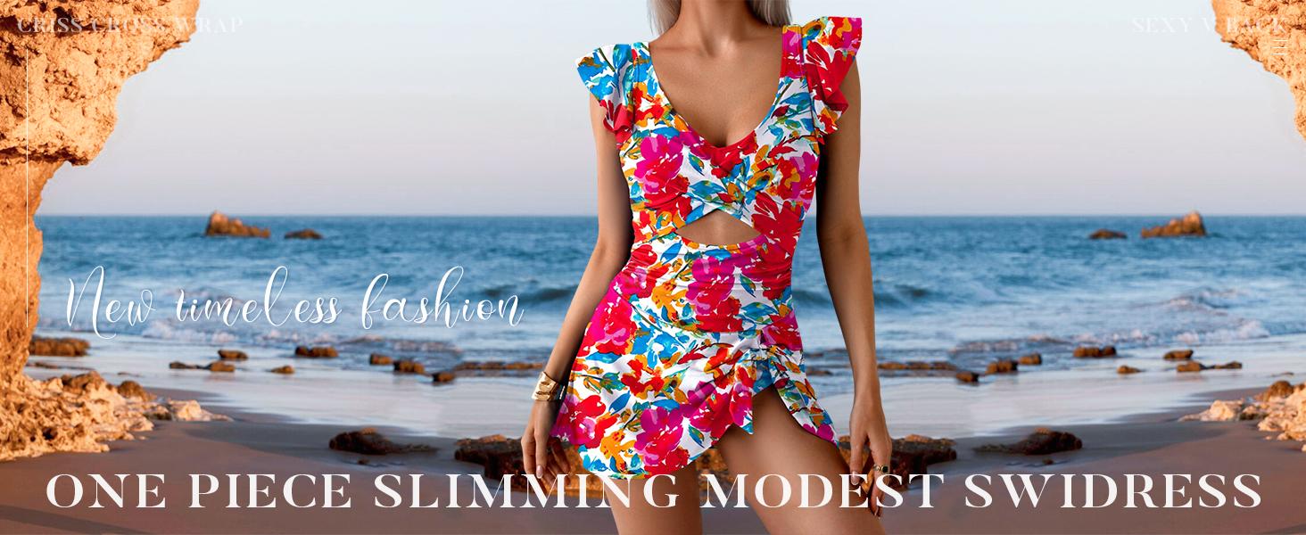B2LOVER One Piece Swimdress Swimsuit for Women Tummy Control Ruffle Swim Dress Skirt V Neck Cutout Wrap Bathing Suit B2LOVER One Piece Swimdress Swimsuit for Women Tummy Control Ruffle Swim Dress Skirt V Neck Cutout Wrap Bathing Suit
