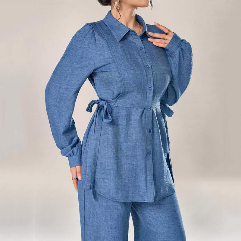 Puff-sleeved, fitted waist tie top + high-waisted wide-leg pants