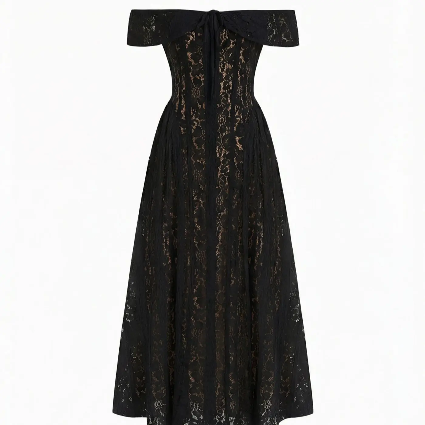 Lace Off-Shoulder Knotted Flared Maxi Dress