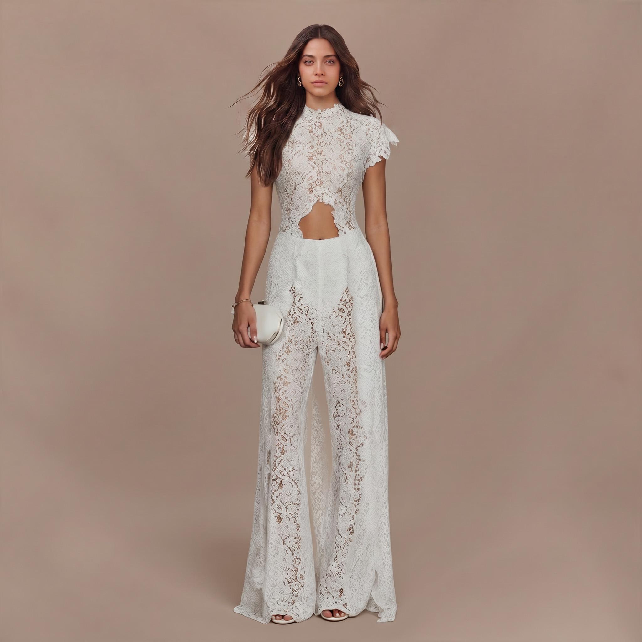 Lace Long-sleeved Top And Wide-leg Pants Set