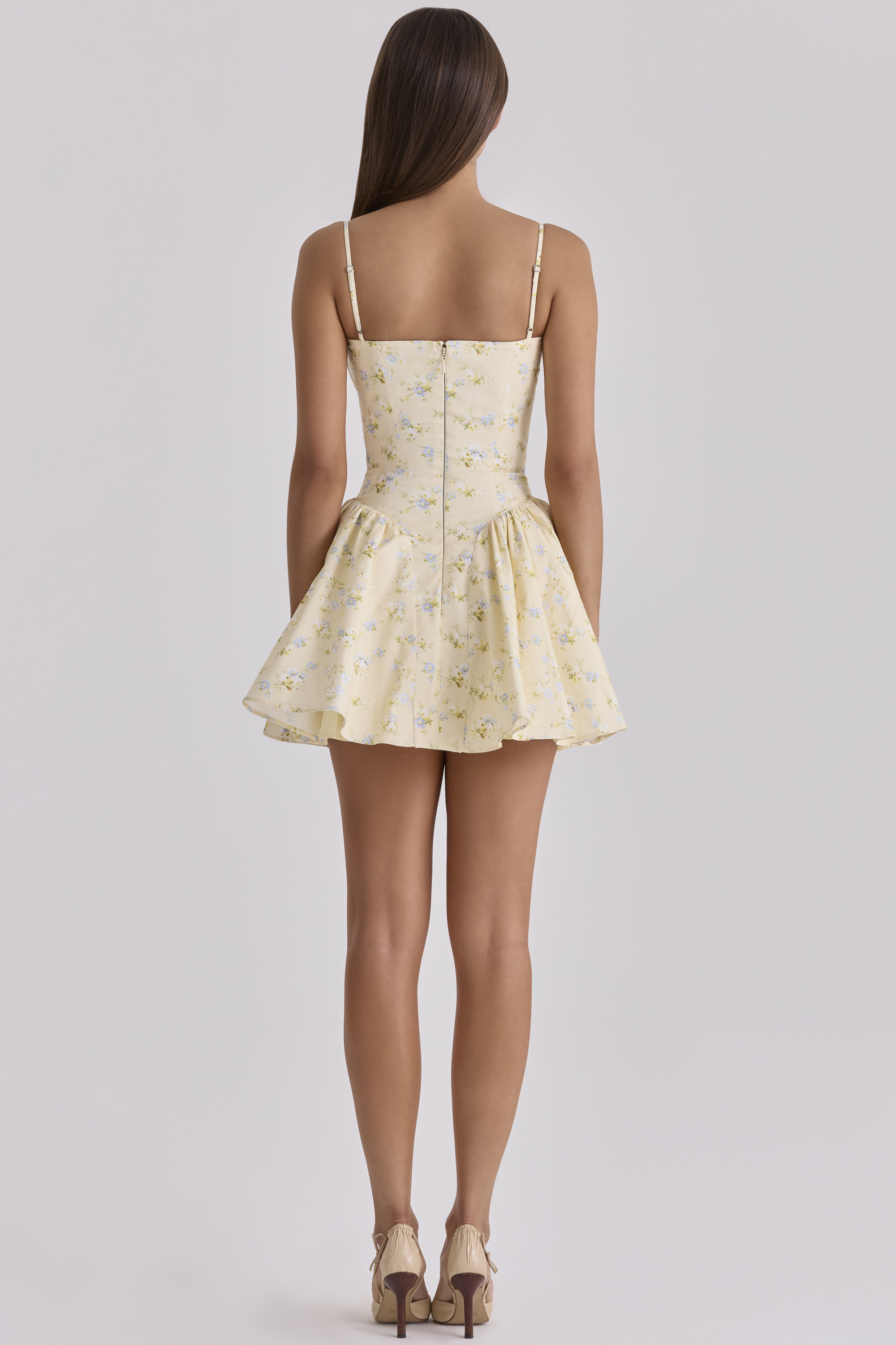 Lemon Floral Print Cotton Corset Mini Dress